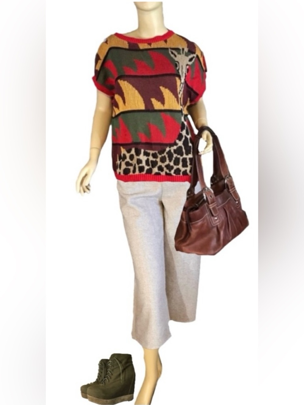 HAUTE COUTURE BEIGE HERRINGBONE PATTERN WIDE LEG GAUCHO PANTS (S)